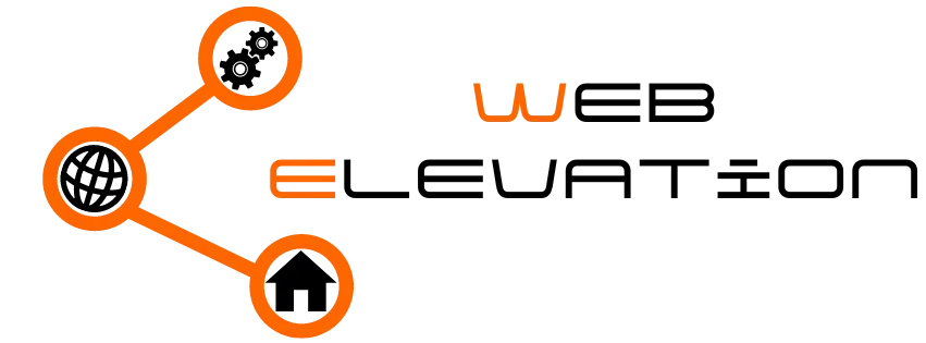 Transparant Web Elevation logo in de kleuren oranje, zwart en wit met een witte achtergrond gemaakt van een share teken met in de drie rondjes een home, aardbol en instellingen teken